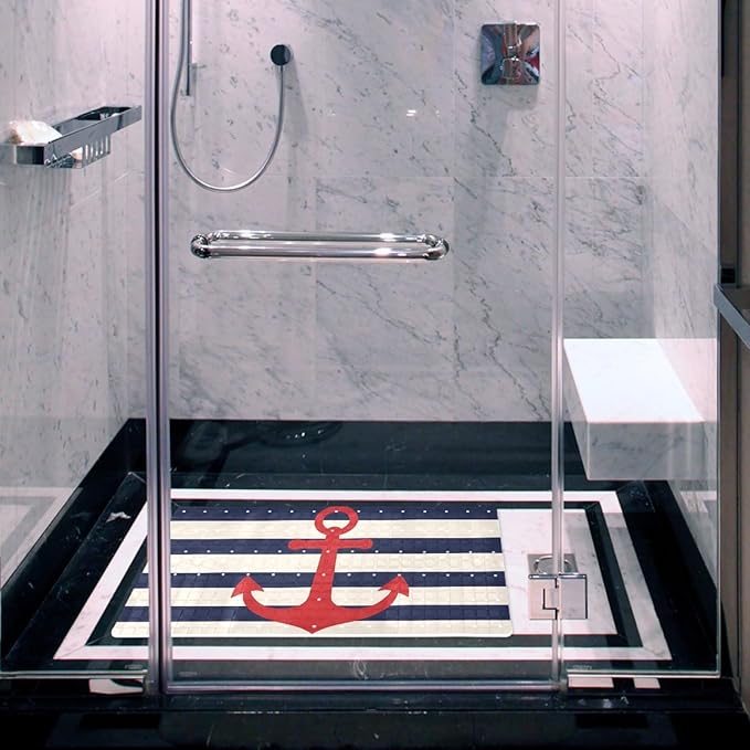 Bathtub Mats for Shower Tub, Anti-Slip Bath Mats for Inside Tub, Bathroom Shower Mats with Drain Holes and Suction Cups (Red Anchor on Navy Blue Stripes Background)