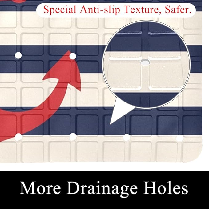 Bathtub Mats for Shower Tub, Anti-Slip Bath Mats for Inside Tub, Bathroom Shower Mats with Drain Holes and Suction Cups (Red Anchor on Navy Blue Stripes Background)
