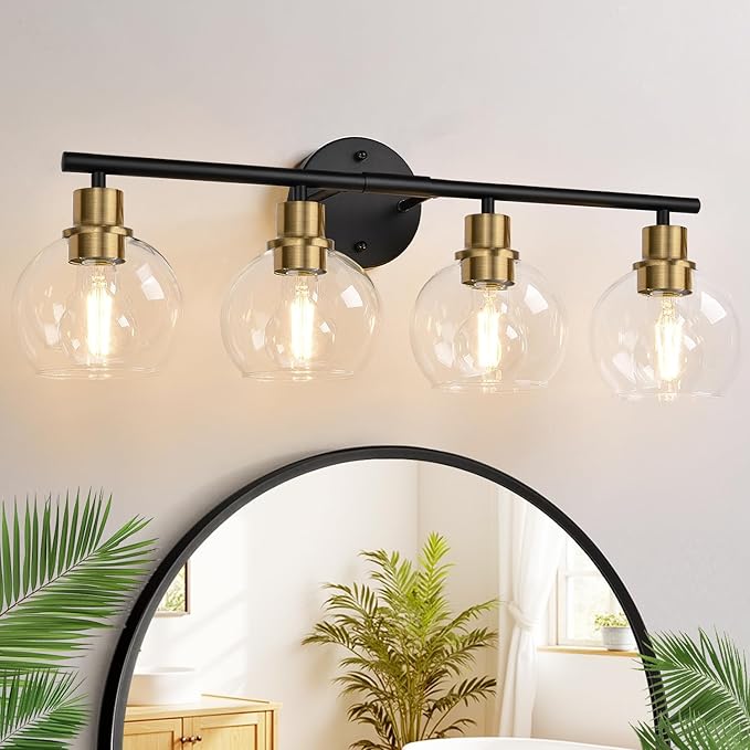 2025 Upgrade 4-Light Bathroom Light Fixtures, Black and Gold Bathroom Lights Over Mirror with Clear Glass Globe Shade, Vanity Lights for Bathroom Kitchen Living Room Hallway Cabinet Bedroom Porch