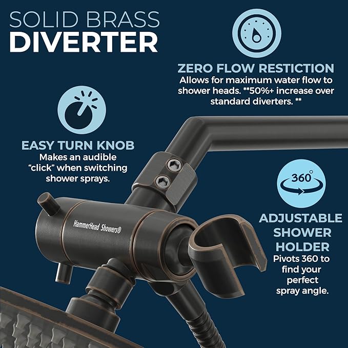 HammerHead Showers Dual Shower Head Combo, 8-Inch Rainfall & 3-Flow Handheld, Oil Rubbed Bronze, 2.5 GPM