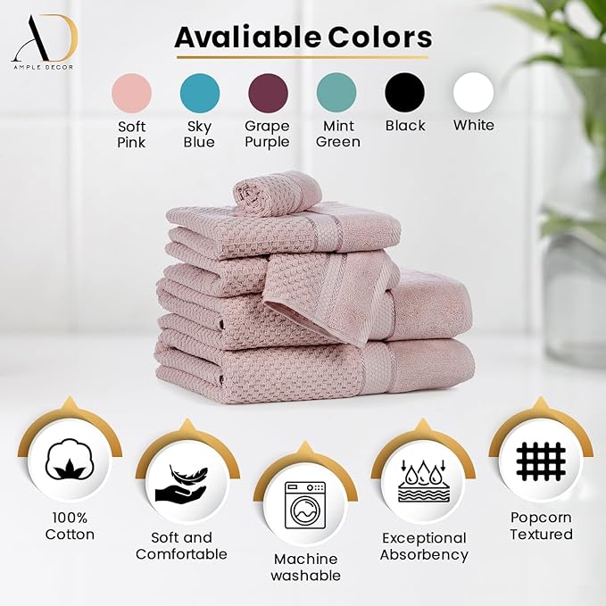 Ample Decor 100% Cotton Washcloths Set of 200- Highly Absorbent, Popcorn Textured - Mulaayam Collection - Soft Pink 12 X 12 Inch