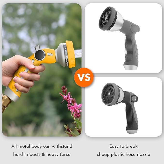 RESTMO Hose Nozzle Heavy Duty, Metal Water Hose Sprayer for Garden, 9 Spray Patterns | High Pressure | Thumb Flow Control | On/Off Valve, Ideal for Lawn & Plant Watering, Car & Pet Washing, Yellow