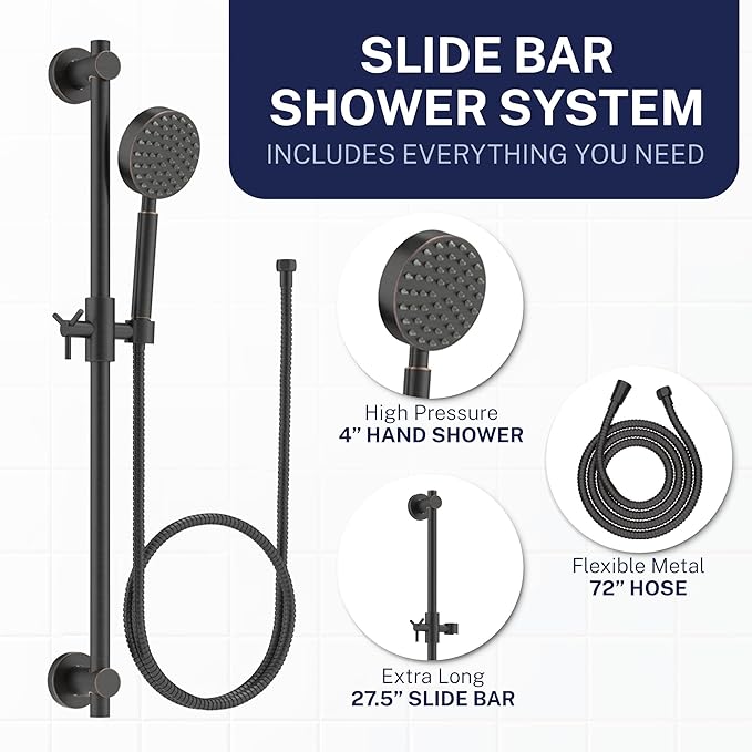 HammerHead Showers® SOLID METAL 27.5 Inch Shower Slide Bar Set and Handheld Shower Head with Hose — OIL RUBBED BRONZE — 1.75 GPM Low Flow Spray Wand — Easily Adjust Height & Angle of Handshower