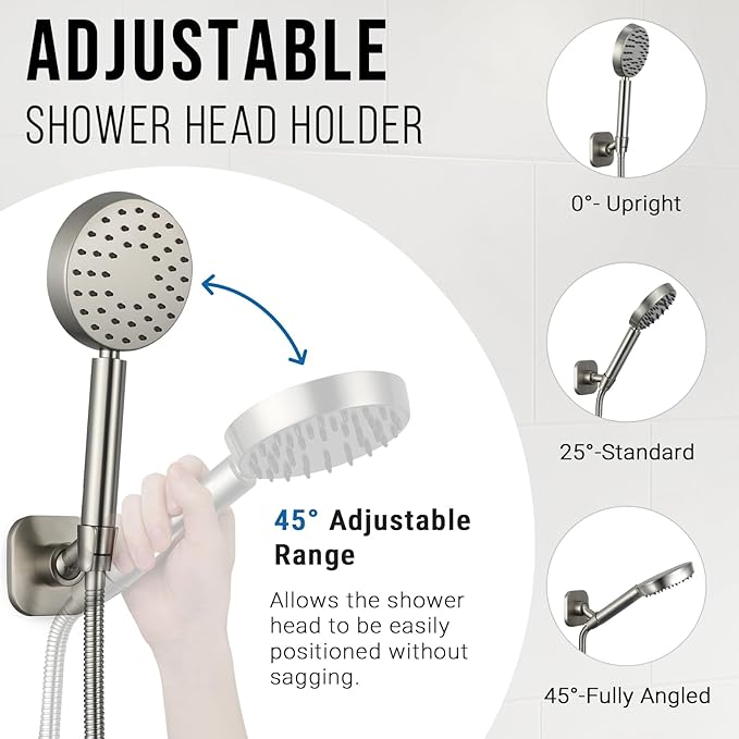 G-Promise All Metal Handheld Shower Head Holder, Adjustable Wall Mount Shower Wand Bracket, Strong Adhesive Disc Mount or Drill Installation (Brushed Nickel)