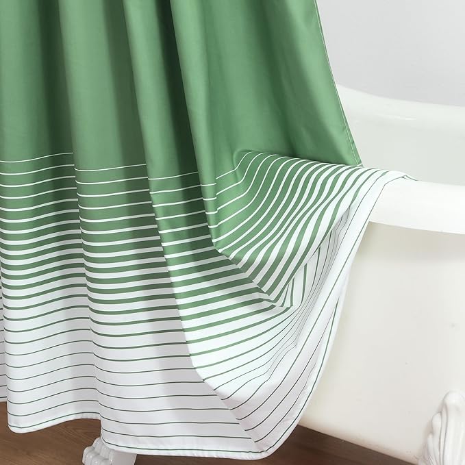 Extra Long Green Shower Curtain, Sage Green and White Gradient Horizontal Stripe Waterproof Polyester Shower Curtains for Bathroom, 72x84 Inches
