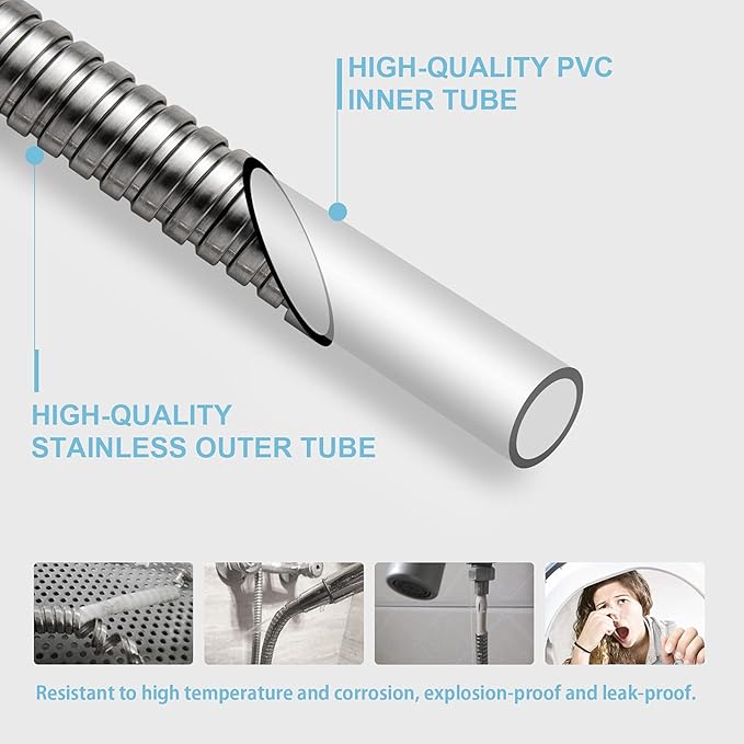 OFFO Shower Hose, 198 in Kink Free Stainless Steel Shower Hose Attachment Electroplating Handheld Shower Head Hose Flex Hoses Extension with Brass Insert & Nut for Pet Bathing Cleaning, Nickel Gray