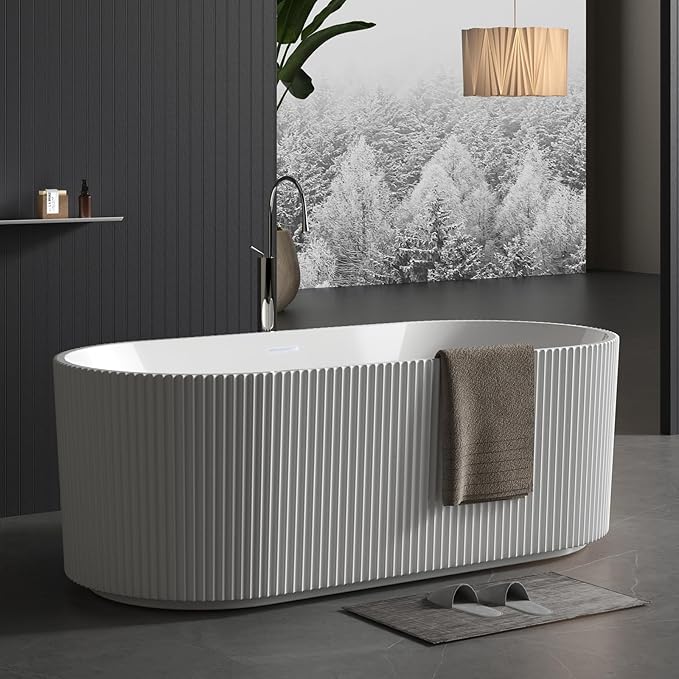 67" Acrylic Freestanding Soaking Bathtub, Matte Drain & Black Overflow, Contemporary Design Tub for Home Bathroom Renovations, Glossy White