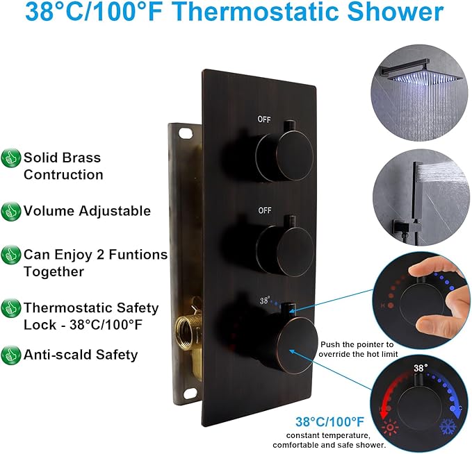 2 Way Shower Diverter Valve Brass Dual Functions Thermostatic Shower Mixing Valve Kit 3 Handle Flow Control Valve, 3/4 Inch Inlet, Can Run Simultaneously, Oil Rubbed Bronze