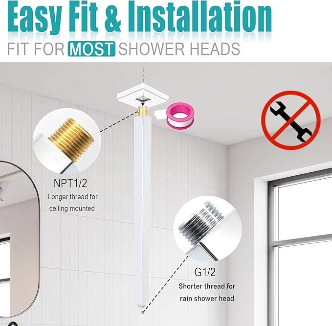 Chrome Shower Arm with Flange and Teflon Tape for High Ceiling or Fixed Rain Showerhead, Universal Connection 16-inch Square Straight Shower Head Extender Extension Pipe, 304 Stainless Steel
