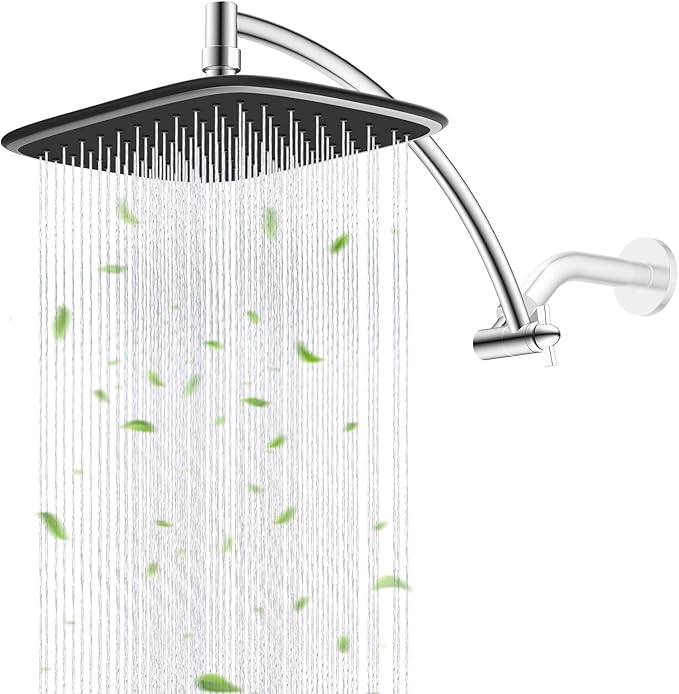 Rain Shower Head with 12" Shower Head Extension Arm, 10" High Pressure Boosting Rainfall/Fixed Showerhead 2.5 GPM, Metal Shower Head Extender Adjustable Height Angle, Easy 1-Min Installation, Chrome