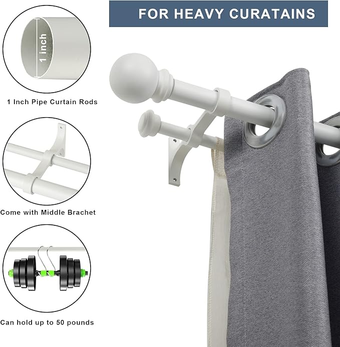 Double Curtain Rod 28 to 48 inch, Adjustable 1 inch Double Drapery Rod Rods for Windows and Doors with Ball Round Finials and Premium Aluminum Brackets Set(28-48",Matte White)