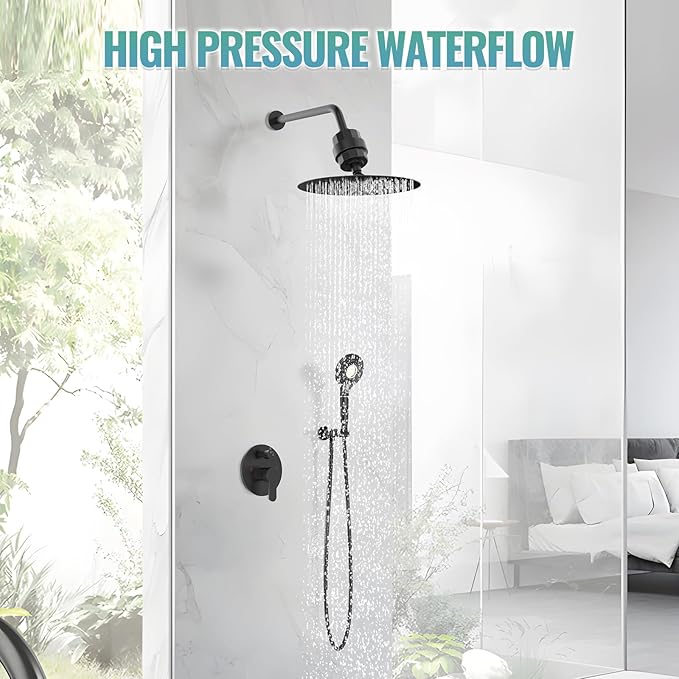 SunCleanse Shower System - 12 Inch Dual Filtered Rainfall Shower Head Combo - High Pressure 3 Spray Mode Showerhead-Included Rough in Valve and Trim Kit - Matte Black
