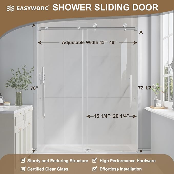 Frameless Glass Shower Door, 43-48" W x 76" H Sliding Frameless Shower Door, 1/4''(6mm) SGCC Tempered Glass, Explosion-Proof Film Nano Coating, Stainless Steel Hardware, Brushed Nickel