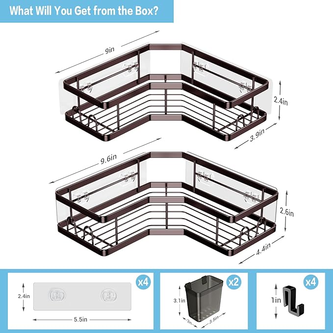 Shower Caddy Corner Organizer: 2Pack Adhesive Shower Shelf Essentials - No Drilling Stainless Steel Bathroom Storage Rack with Hooks and Toothpaste Holder - Shower Accessories