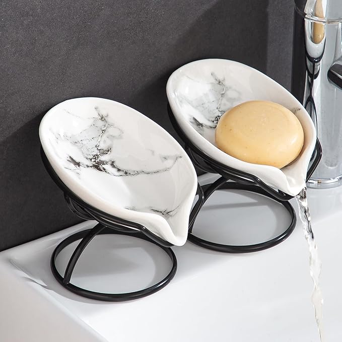 Leaf-Shaped Soap Dish – Ceramic Soap Bar Holder with Self-Drainage System – Bar Soap Holder for Shower, Bathroom Sink, Kitchen – Soap Dish with Stainless Steel Stand (White-Black-2 Pack)