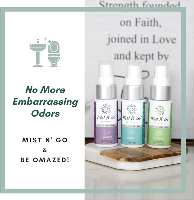 Mist N’ Go by Omaze Travel Bathroom Spray for Toilet Spray Odor Eliminator - Travel Toilet Spray for Bathroom Air Freshener Spray for Bathroom Deodorizer - Lavender Travel Size (1oz x5)