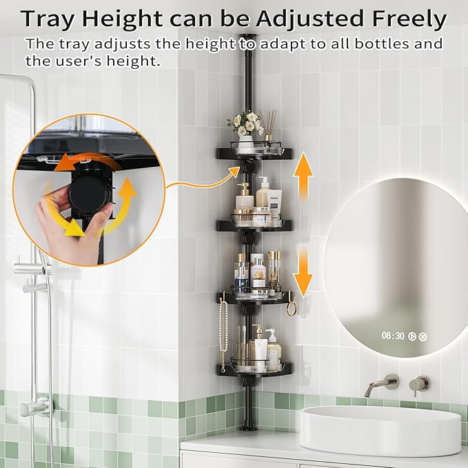 360° Rotating Corner Shower Caddy Tension Pole Organizer - 4-Tier Adjustable Rustproof Metal Pole, Plastic Shelves with Safety Guardrail, Bathroom Storage for Shower & Bathtub(Black)