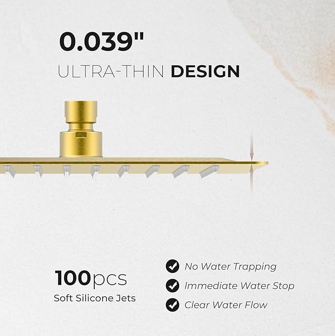 10 Inch Rain Shower Head, Square Rainfall & High Pressure, 304 Stainless Steel, 1/16" Ultra Thin, Waterfall Full Body Coverage with Silicone Nozzle, Brushed Gold