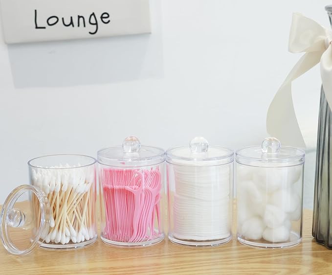 2 Pack Qtip Holder Dispenser,Bathroom Canisters Apothecary Jar Set, Acrylic Vanity Makeup Storage Organizer Set,10 and 12 oz