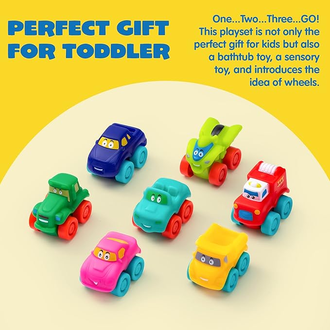 JOYIN Cartoon Cars, Soft Rubber Toy Car Set, Mini Vehicles, Bath Toy Car for Toddlers, Christmas Great Gift for Boys and Girls, Summer Beach and Pool Activity, Party Favors for Kids