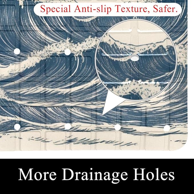 Bathtub Mats for Shower Tub, Anti-Slip Bath Mats for Inside Tub, Bathroom Shower Mats with Drain Holes and Suction Cups (Abstract Art Ocean Waves Vintage Style)