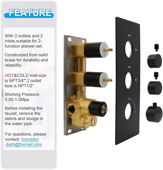 HOMEDEC 2 Way Shower Diverter Valve Brass Dual Functions Thermostatic Shower Mixing Valve Kit 3 Handle Flow Control Valve, 3/4 Inch Inlet, Can Use All Options At a Time, Matte Black