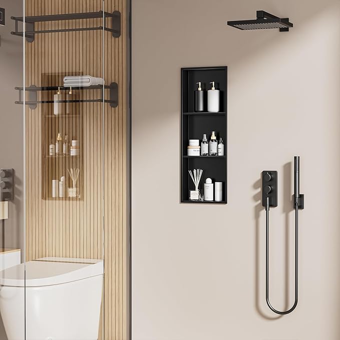 36x12 Inch No Tile Needed Shower Niche - 304 Stainless Steel Niche Shower with 3- Tier Shelves Recessed Wall Niches for Bathroom Storage,Matte Black