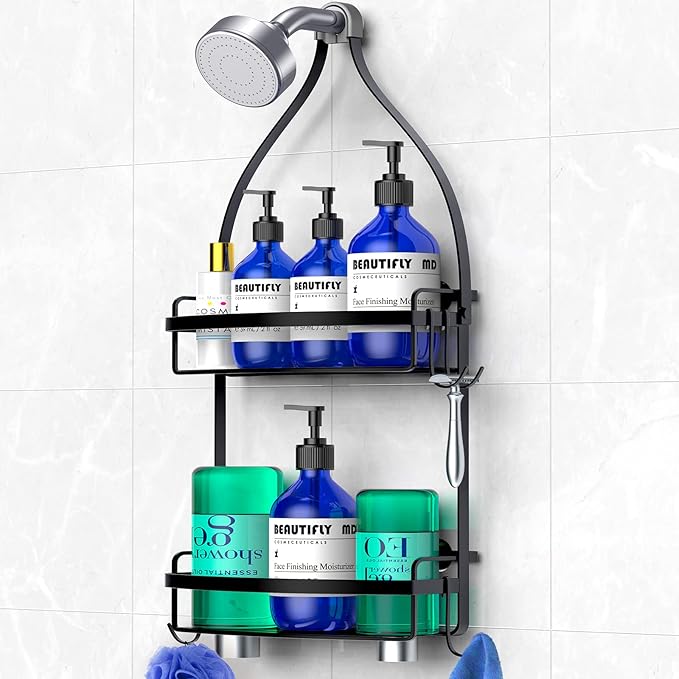 Meangood Shower Caddy Over Shower Head, Black Anti-Swing Hanging Shower Caddy with 4 Remove Hooks for Razor, Sponge, Towels Rustproof Shower Organizer for Bathroom