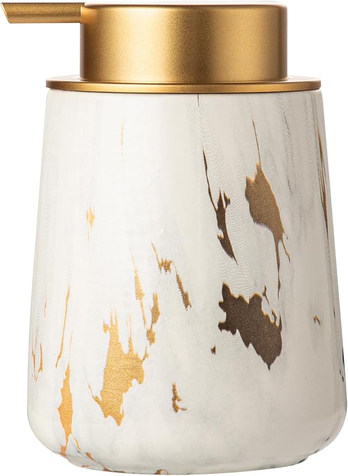 Enra Ceramic Gold Soap Dispenser,12 oz Marble Lotion Dispenser Bathroom Liquid Refillable Hand Soap Dispenser for Bathroom Kitchen with Easy-to-Press Pump (Glod Liquid Type)