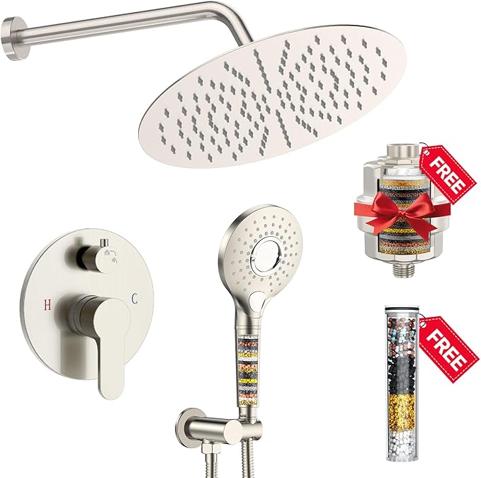 SunCleanse Shower System - 12 Inch Dual Filtered Rainfall Shower Head Combo- High Pressure 3 Spray Mode Showerhead-Included Rough in Valve and Trim Kit, Brushed Nickel