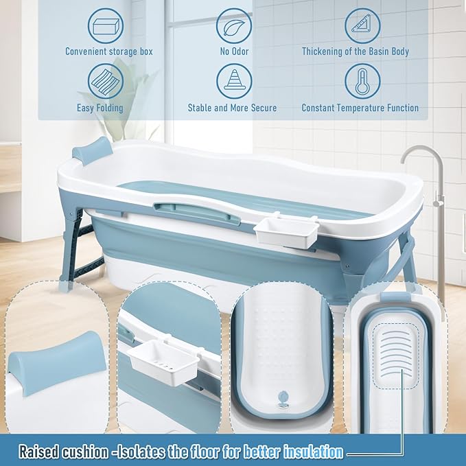 Portable Bathtub for Adult - Large 56'in Foldable Collapsible tub - Ergonomically Designed for the Ultimate Relaxing Soaking Bath. Ideal for Small Spaces - Quick,Folding Bathtub