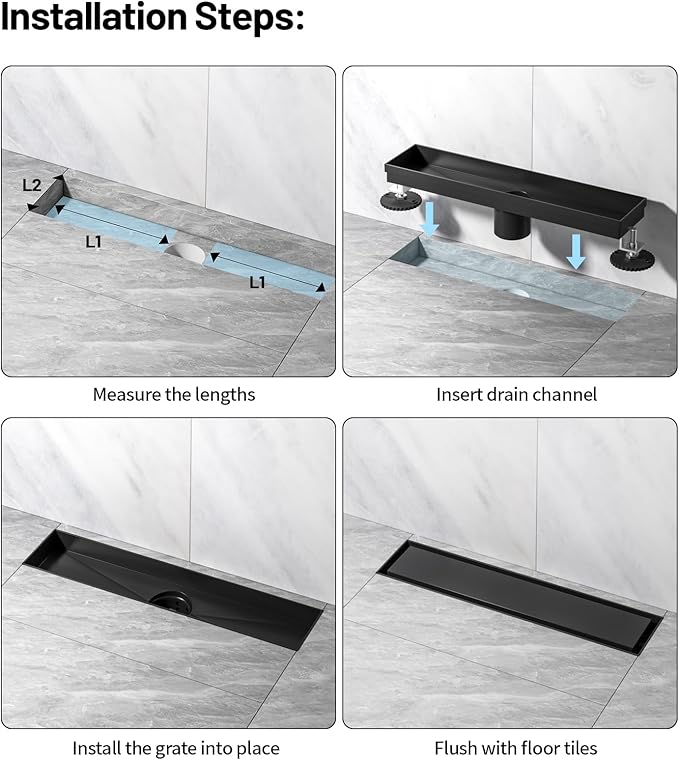 Linear Shower Drain, 304 Stainless Steel with Adjustable Leveling Feet, Hair Strainer,Reversely Install Place to Create an Invisible Floor Drain - Black -24-Inch