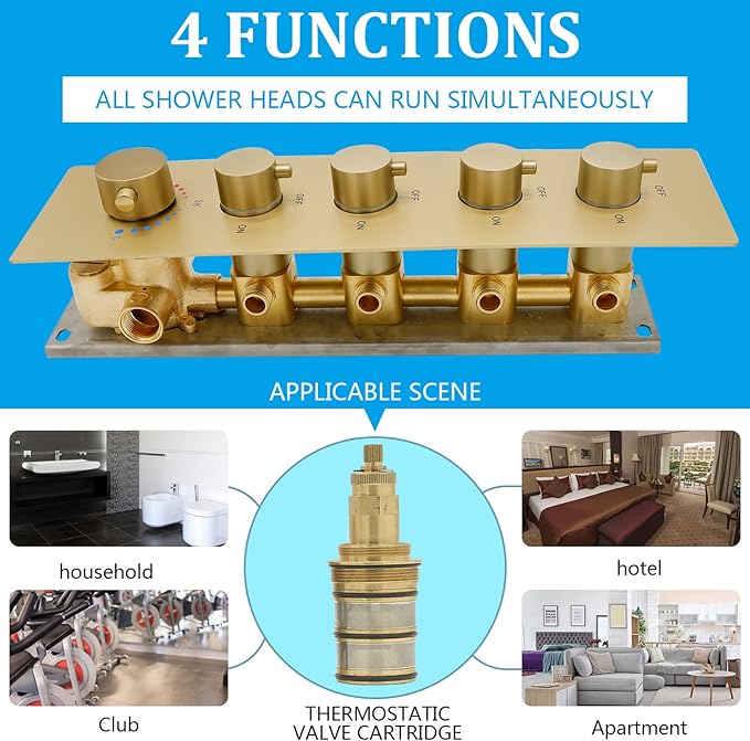 HOMEDEC 4 Way Shower Valve Rough-In and Trim Kit, 5 Handle Control Thermostatic Shower Mixing Valve with Diverter can Work at the Same Time, Brushed Gold