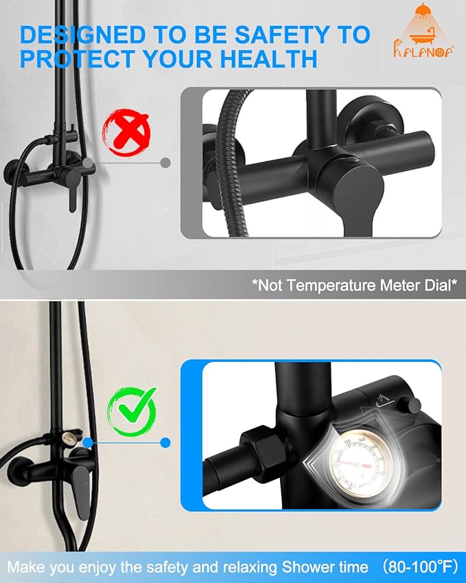 Outdoor Shower Fixture,3 Functions Handle Tub Rainfall Shower Faucet Sets with Dial Thermometer Brass Valve, Exposed Shower System with 10'' Rainfall Shower Head Adjustable (Matte Black)