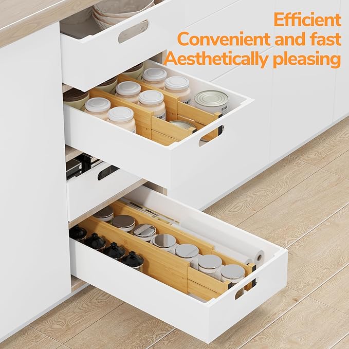 BAMEOS 4" High Drawer Dividers Bamboo Separators Organization Expandable Organizers for Kitchen Bedroom Bathroom Dresser Office 4-pack