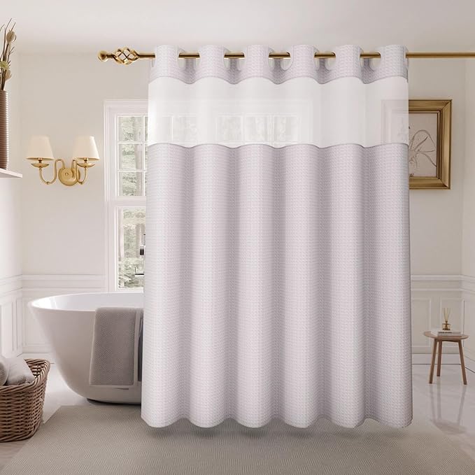 Inhousolu Extra Long No Hook Shower Curtain with Snap in Fabric Liner Set Waffle Weave 230GSM Weighted Hem, Waterproof & Washable Bathroom Curtain Spa Luxury with Mesh Top Window 72" W x 84" L White