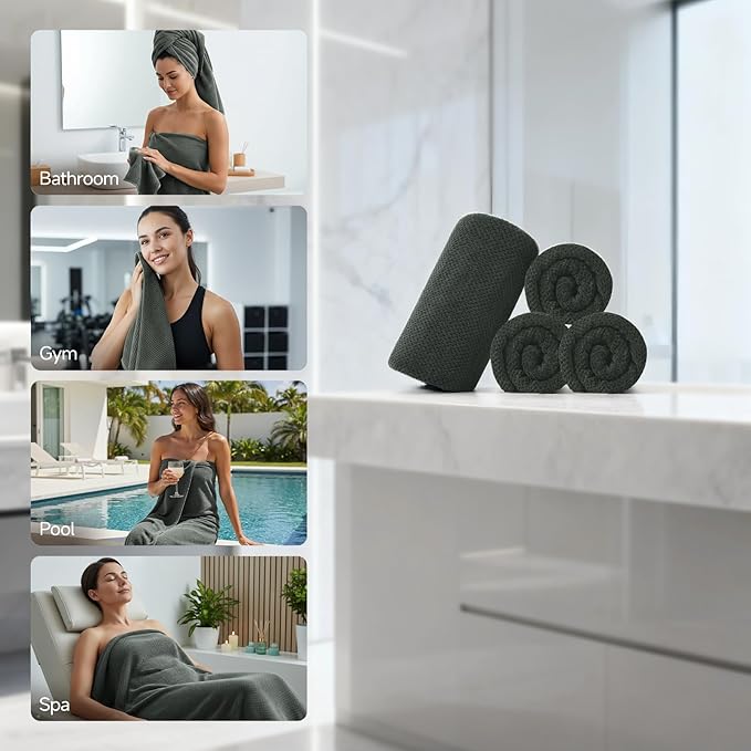 REDKISS 4 Pack Premium Bath Towels, Plush Coral Fleece Towels for Bathroom, Extra Large Bath Towels Set of 4 (35 x 70 in), Super Soft Highly Absorbent Shower Towels for Spa, Gym, Travel, Dark Gray
