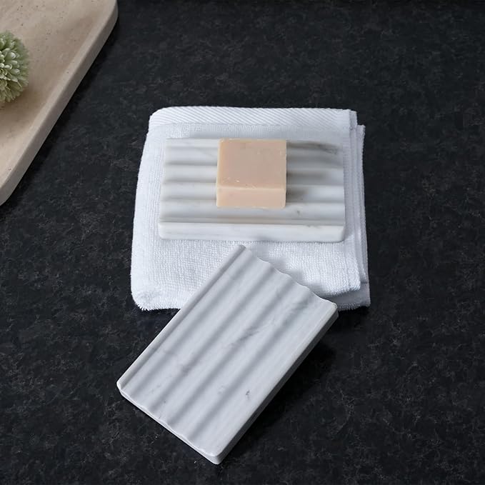2 Pcs Soap Holder for Bathroom, Marble Soap Dish for Kitchen Countertop, Bathroom Tray with Creative Wavy Design, Soap Saver for Bath Tub, Sponges, Italian Natural Stone(Bianco Carrara)