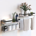 RICHER HOUSE 2+1 Tier Wall Mounted Floating Shelves Set of 2, Rustic Wood Wall Shelf with Metal Frame, Extra Storage Rack for Bathroom, Kitchen, Bedroom with Tissue Rack & Towel Bar - White