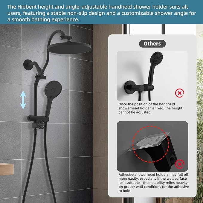 Hibbent Self-cleaning Shower Head Combo, High Pressure 10'' Rain Showerhead with 3-mode Handheld Spray, Metal Extension Arm with Easy Reach All Metal 4-way Diverter, 71" Hose & Holder, Matte Black