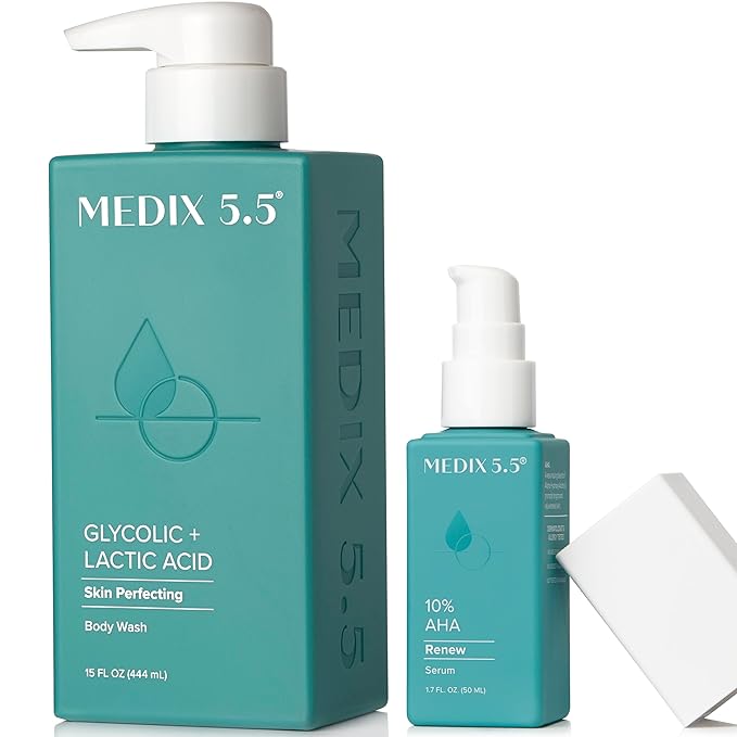 MEDIX Glycolic Acid Exfoliating Body Wash KP Bump Eraser Cleanser + 10% Glycolic Acid Serum 2PC Skin Care Set | AHA Exfoliant Body Wash + Serum Refine & Soften Dead Dry Skin, Bumps, & Wrinkles, 2PC