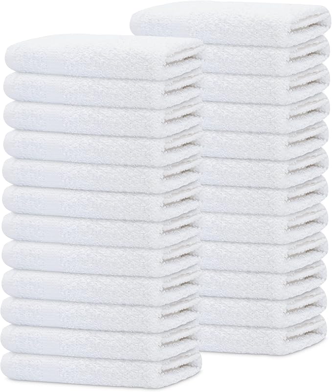 GOLD TEXTILES 24 Pack Economy White Washcloths Set (12x12 inches) - Cotton Blend Commercial Grade Cleaning Rags, Quick Drying & Soft Face Cloths, Fingertip Towels for Bathroom, Spa, Gym, and Kitchen