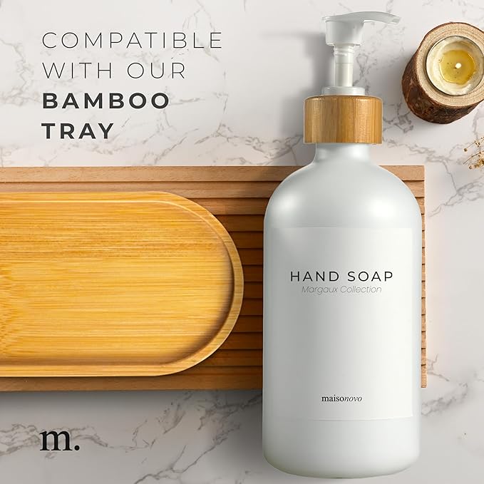MaisoNovo Glass Hand Soap Dispenser | Dish Soap Dispenser for Kitchen | 16.9oz White Bottles with White Bamboo Pump | Bathroom Lotion Dispenser