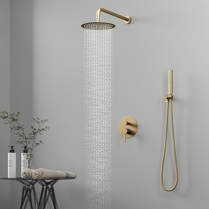 BESy Shower System with 10 Inch Round Rain Shower Head and Handheld Wall Mounted, High Pressure Rainfall Shower Faucet Fixture Combo Set with 2 in 1 Handheld Showerhead for Bathroom, Brushed Gold
