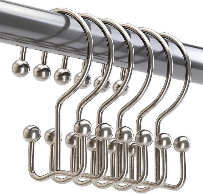 Titanker Shower Curtain Hooks Nickel, Minimalist Simple Double Glide Shower Curtain Rings, Rust Proof Metal Shower Hooks Rings for Bathroom Shower Rods Curtains, Set of 12 Hooks