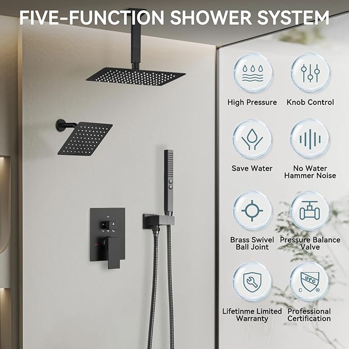 Shower Faucet Sets Matte Black Shower System,Bostingner Five Function Diverter Shower Faucets with 2 in 1 Handheld,10'' Ceiling Mount and 6’‘ Wall Mount Shower Head Rainfall Shower Set with Valve