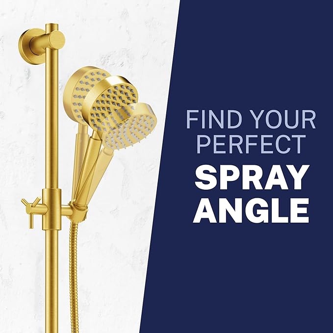 HammerHead Showers® Solid Metal 27.5 Inch Shower Slide Bar Set and Handheld Shower Head with Hose — BRUSHED GOLD — 1.75 GPM Low Flow Spray Wand — Easily Adjust Height & Angle of Handshower