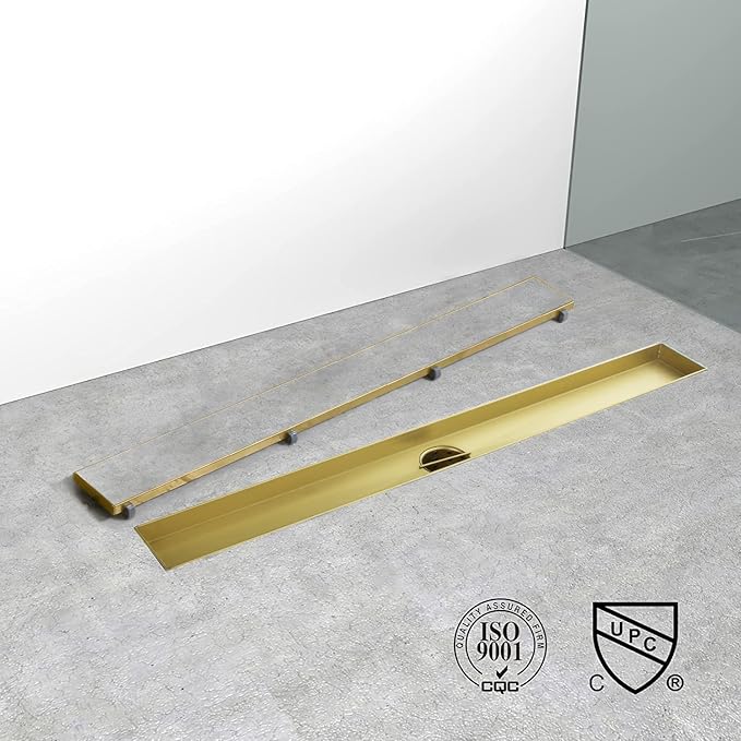 Linear Shower Drain, 32 inch Gold Drain with Tile Insert 2-in-1 Panel, Brushed 304 Stainless Steel Gold Shower Floor Drain, Linear Drain with Hair Strainer and Adjustable Feet