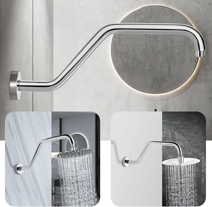 High Rise Shower Arm with Flange,15.5 Inch Gooseneck Shower Arm Extension,Stainless Steel S Shaped Shower Showerarm,Chrome,9Z1MK
