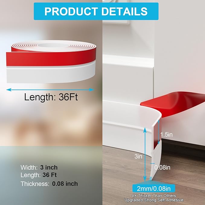 Heavy-Duty 3Inch (W) x 36FT(L) Door Weather Stripping, Extra Thick 2mm Door Draft Stopper Silicone Seal Strip, Draft Seal Tape for Doors Windows and Shower Glass Gap